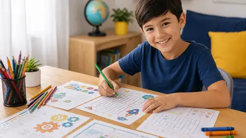 Happy child coloring and solving STEM printable worksheets at a table