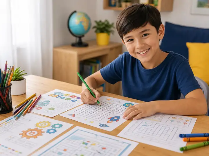 Child hands exploring a colorful printable STEM activity sheet with crayons