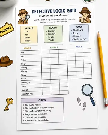 Logic Grid Detective Club — Printable Mystery Puzzles kids printable cover